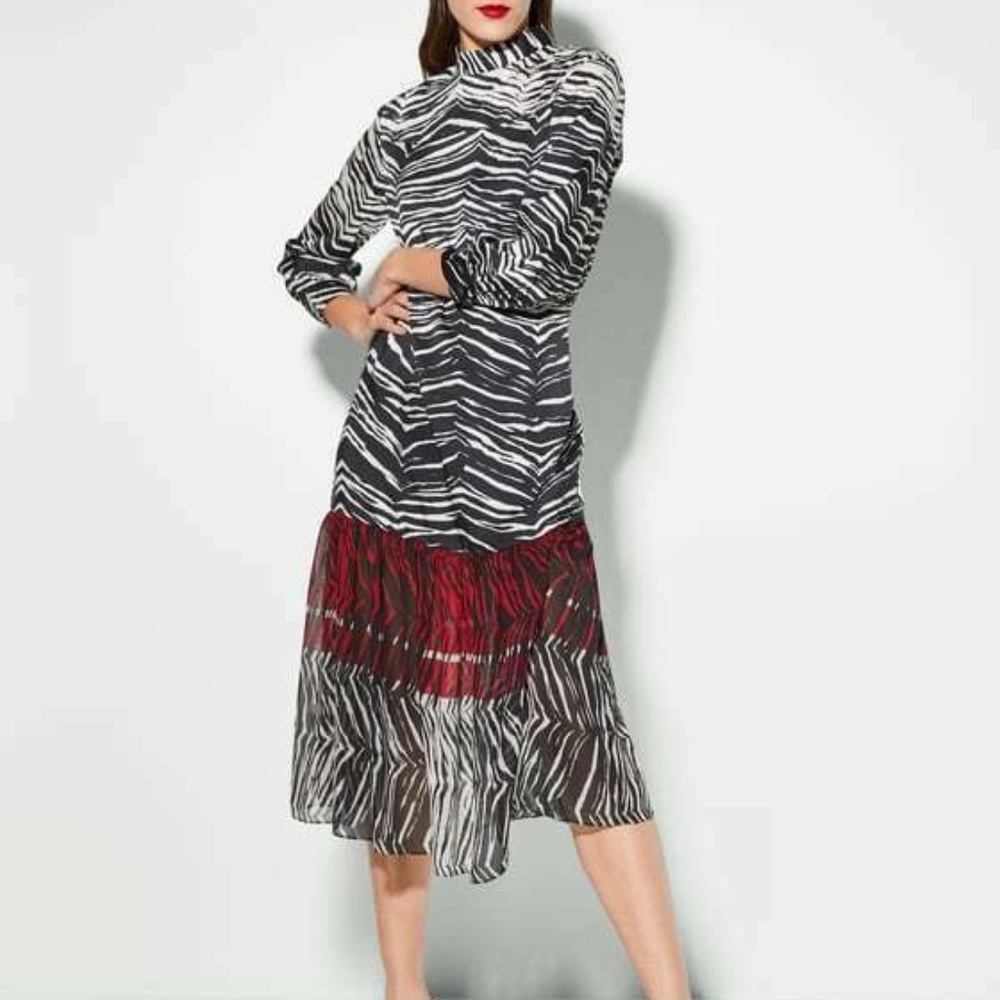 ZARA ANIMAL ZEBRA PRINT FLOATY CONTRAST DRESS BLACK/WHITE/RED SIZE XS NEW